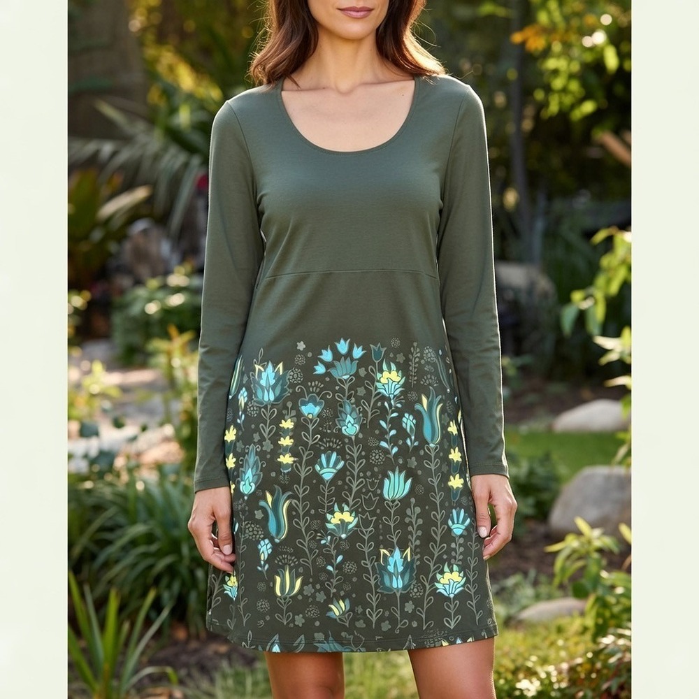 Sahalie Yoga Dress Olive Green Floral Print Long Sleeve Scoop Neck Size Medium